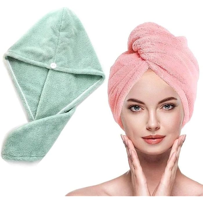Button Hair Towel - Ultra-soft absorbent towel with an elastic loop and button closure that keeps hair wrapped in place, promoting smoother drying experience and faster moisture removal. - Image 1